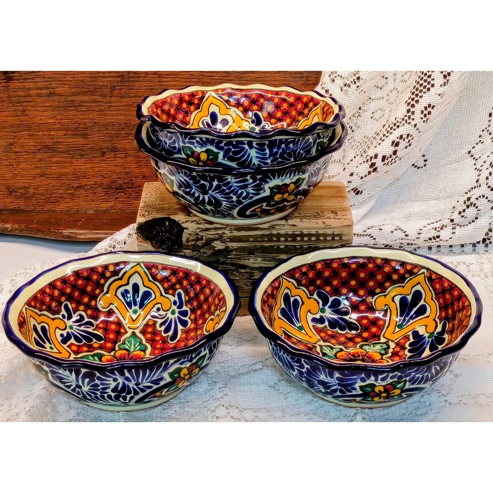 Traditions Mexican Talavera Hand Painted Pottery Bowls Set of 4 Floral Scalloped